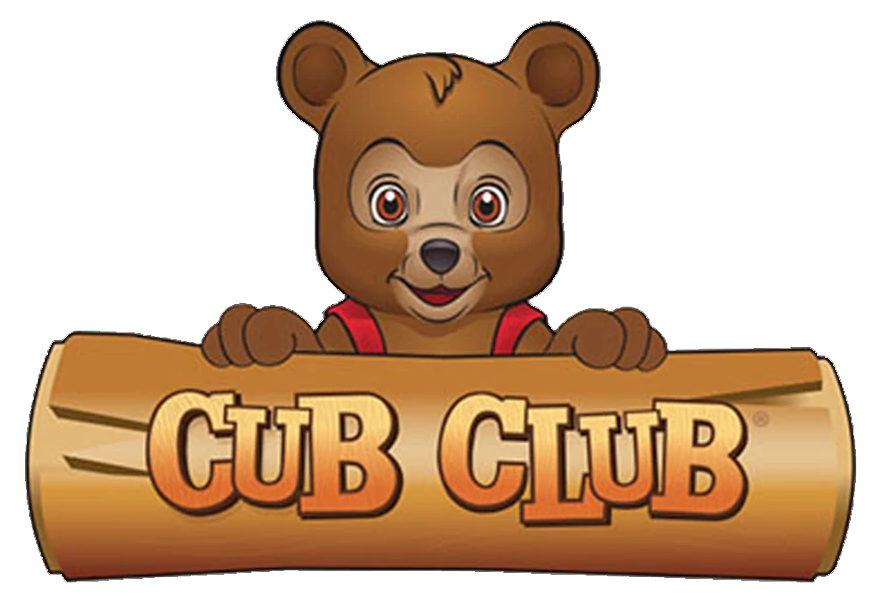 Cartoon bear holding onto a log that says Cub Club