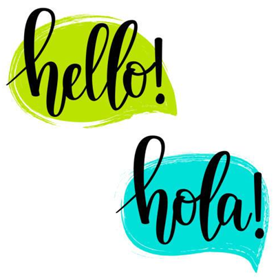Speech bubbles saying hello! and hola!