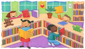 Cartoon image of children finding and looking at books in library