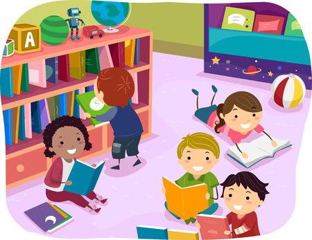 Cartoon image of children reading books in library