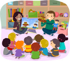 Cartoon image of Teachers reading and performing puppet show to students in library